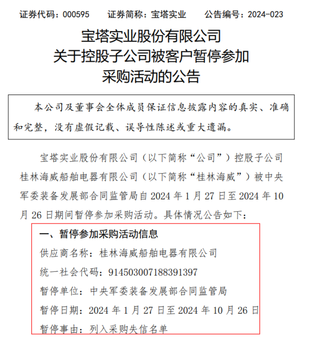 又一家!上市公司公告子公司被暂停军队采购!主要从事水面舰艇设备的研发和配套生产(图1) 又一家!上市公司公告子公司被暂停军队采购!主要从事水面舰艇设备的研发和配套生产(图1)