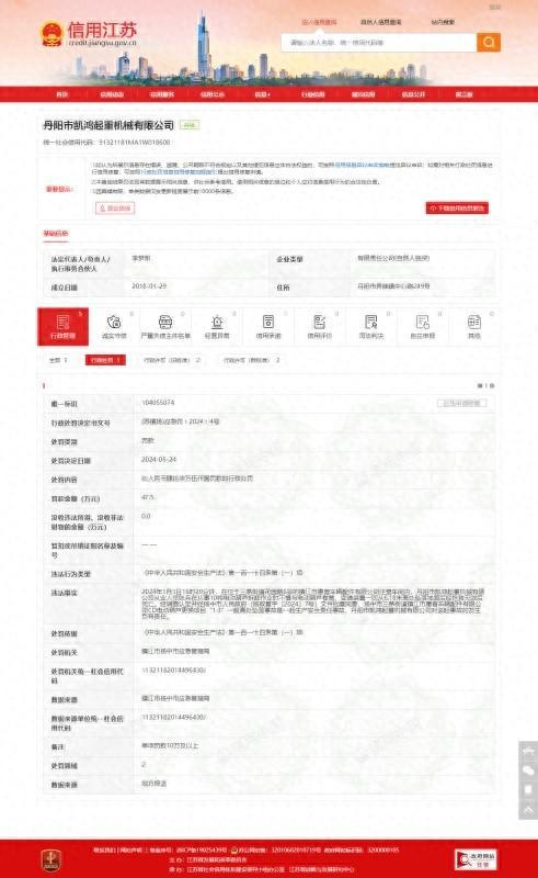 丹阳市凯鸿起重机械有限公司违反《中华人民共和国安全生产法》被罚475万元(图1) 丹阳市凯鸿起重机械有限公司违反《中华人民共和国安全生产法》被罚475万元(图1)