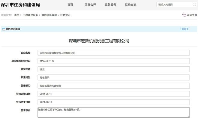 责令停工拒不停工深圳市宏新机械设备工程公司被红色警示2个月(图1)