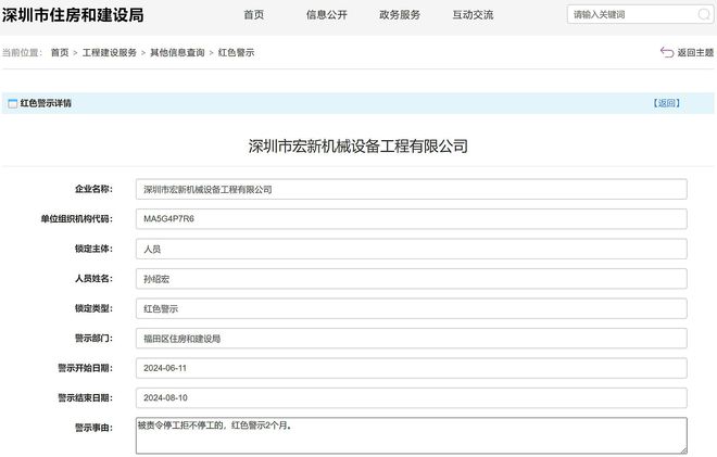 责令停工拒不停工深圳市宏新机械设备工程公司被红色警示2个月(图2)